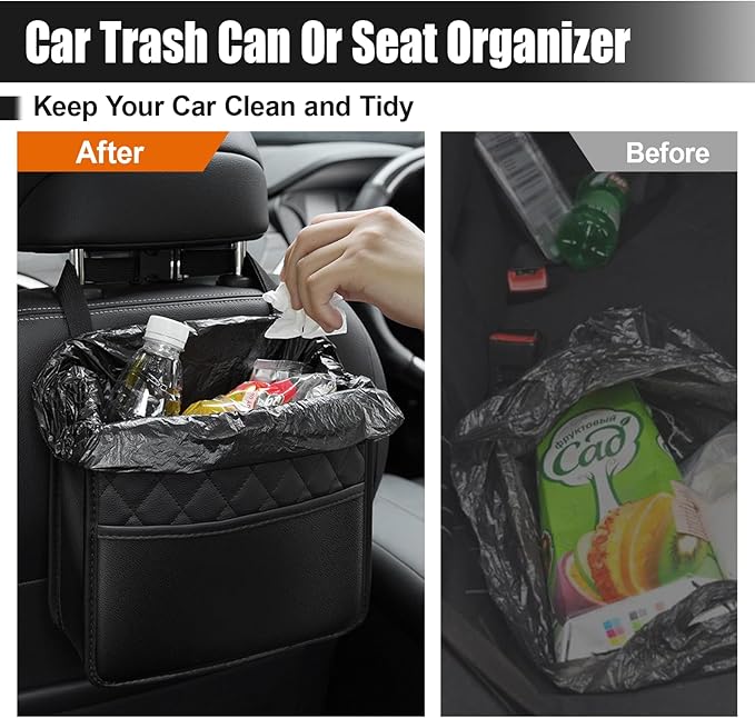 Foldable Car Seat Back Organizer, Large Capacity Hanging Car Backseat Storage Bag with Cup Holders, PU Leather Waterproof Car Trash Bag Can, Car Travel Accessories for Most Vehicles (1PC)