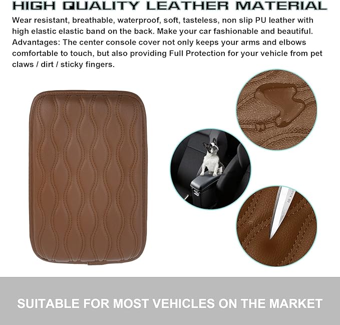 x xotic tech Car Center Console Cushion Pad, Universal Waterproof Leather Armrest Seat Box Cover Protector Auto Interior Accessories for Most Cars, SUV, Truck 7.8" x 12" (Brown)