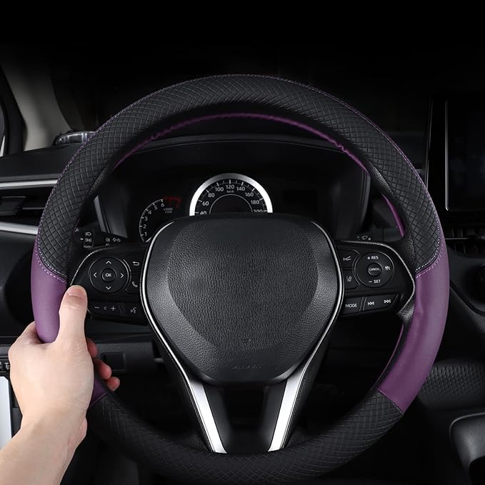 Automotive Steering Wheel Cover Leather Anti Slip Wrap 15",Purple