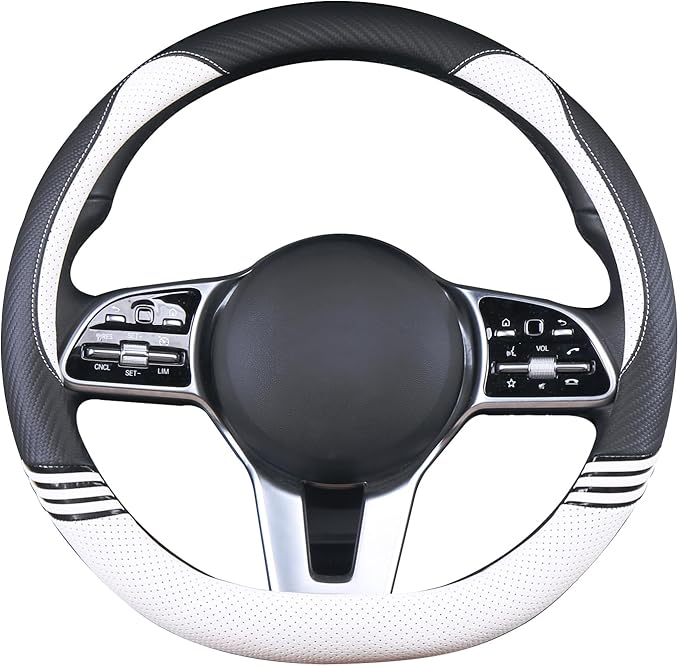 14 inch Cute D Shaped Steering Wheel Cover for Women Men Faux Leather and Carbon Fiber,Black and White