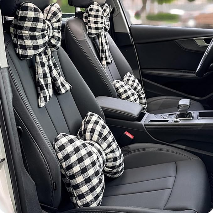 Car Accessories Plaid Bow Headrest Lumbar Pillow 4PCs Set Cotton Linen Elegant Soft Car Seat Cushions for Daily Commuting Trave (Black Plaid,Headrest 2pcs)