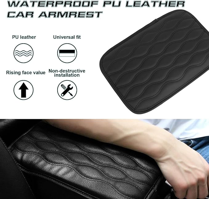 x xotic tech Center Console Cover Cushion Pad, Universal Waterproof Leather Armrest Seat Box Cover Protector Auto Interior Accessories for Most Cars, SUV, Truck 7.8" x 12" (Black)
