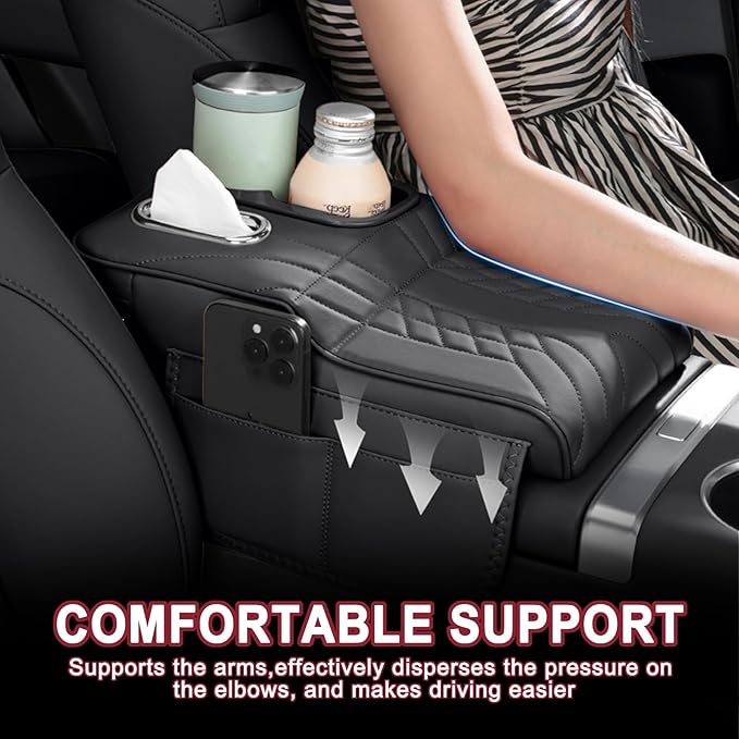Car Armrest Storage Box for Audi Q8 2018–2025 2020 2021 2022 2023 2024, Sport-Style Center Console Organizer with Side Pocket, PU Leather Armrest Cushion, Elbow Support Pad,A Black