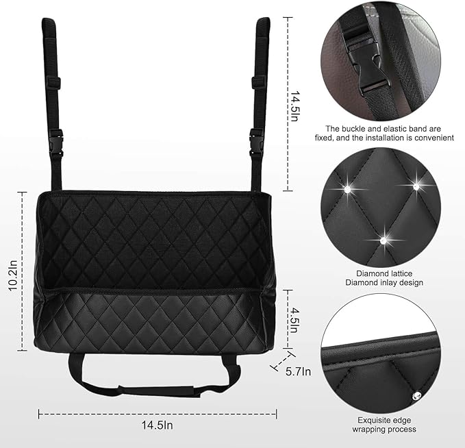 Car Pocket Handbag Holder, Seat Back Organizer Mesh with Premium Leather, Car Storage for Purse Holder, Barrier of Backseat Pet Kids Attaches to Headrest (Black+Pocket)