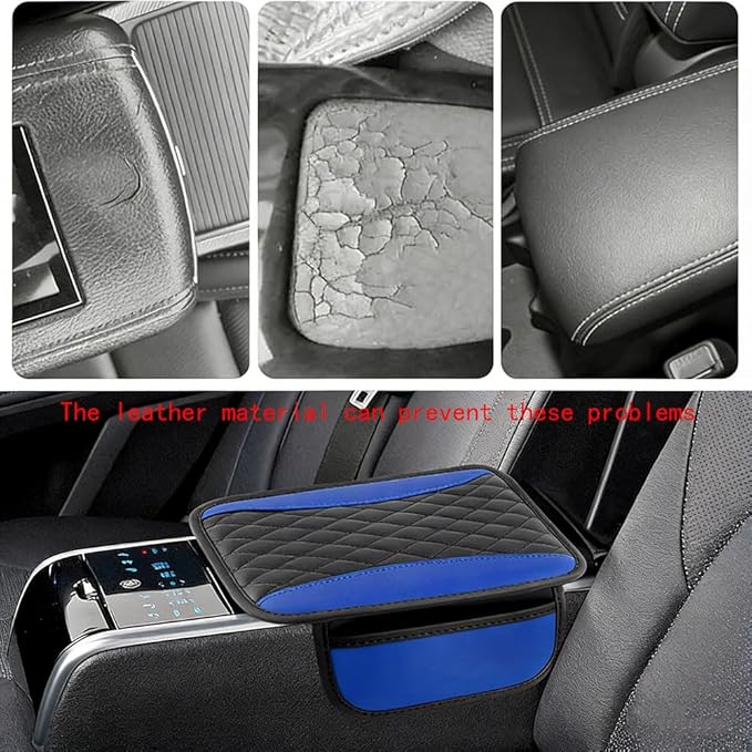 Car Center Console Cover for Jeep Wrangler 1986–2025 2026 YJ/TJ/JK/JL,Leather Armrest Pad with Side Storage Pockets,Waterproof Console Lid Protector,Auto Interior Accessories,Blue