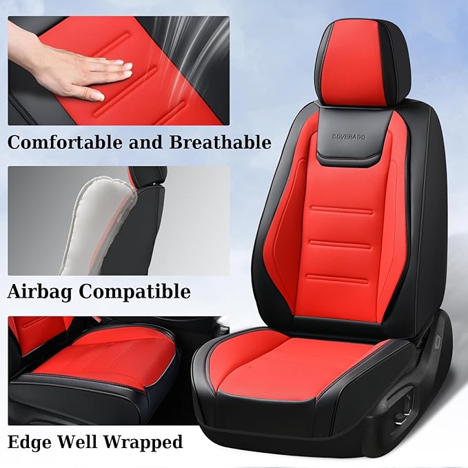 Coverado Car Seat Covers, Front Covers for Cars, Car Seat Cover Front Seats, Car Seat Protector Waterproof, Leather Car Seat Cushion, Universal Interior Covers Seat Protectors for Most Cars Black-Red
