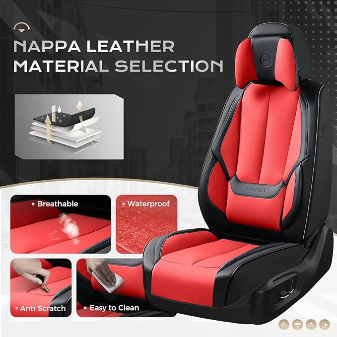 Coverado Seat Covers Full Set, 5 Seats Seat Covers for Cars, Waterproof Nappa Leather Car Seat Covers with Head Pillow, Seat Protectors Car Seat Cushion Universal Fit for Most Cars (Black&Red)