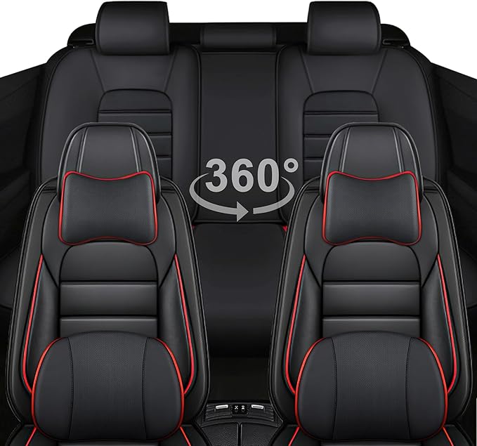 AREKA 5 Car Seat Covers for Honda Accord 2003-2026 Breathable Leather,Waterproof Car Seat Protectors with Comfort Headrest Pillows,Automotive Vehicle Cushion with Storage Pockets (Luxury,Redline)