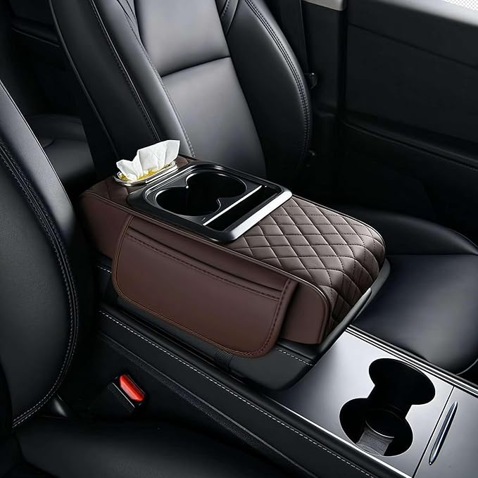 Multifunctional PU Leather Car Armrest Box Mat with Central Elbow,2026 New Universal Car Armrest Cover/Cushion/Organizer,5 in 1 Center Console Pad with Cup Holder,Fit for Most Cars, Suvs, Trucks