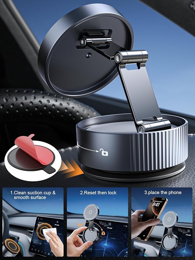Upgraded Vacuum Magnetic Phone Holder for MagSafe,Double-Foldable Suction Cup Phone Mount,360° Rotatable Phone Mount for All Smartphones & All Car Models- Grey