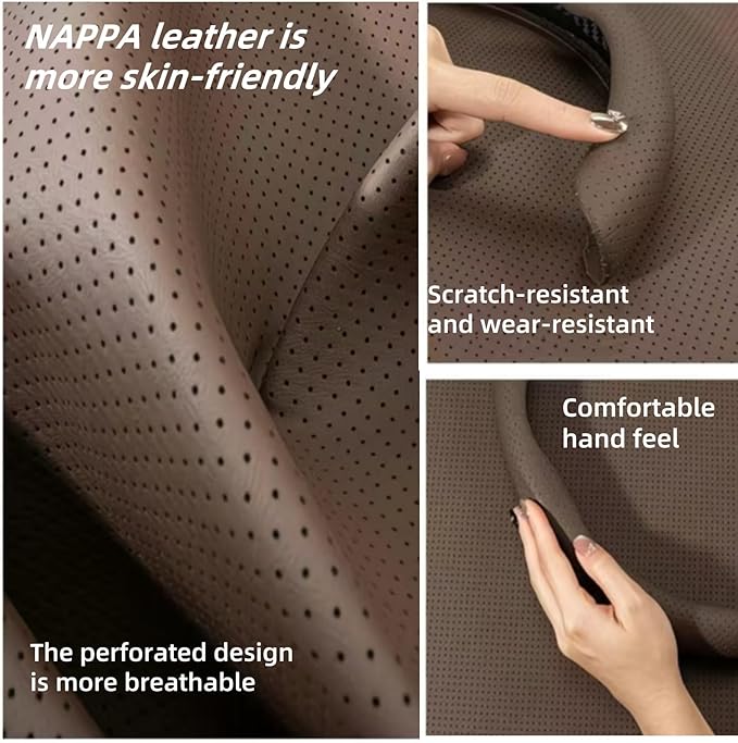 Universal 15 Inch Premium Nappa Leather Steering Wheel Cover - Non-Slip, Soft Comfortable Grip, Easy Install for Most Cars (Mocha Brown)