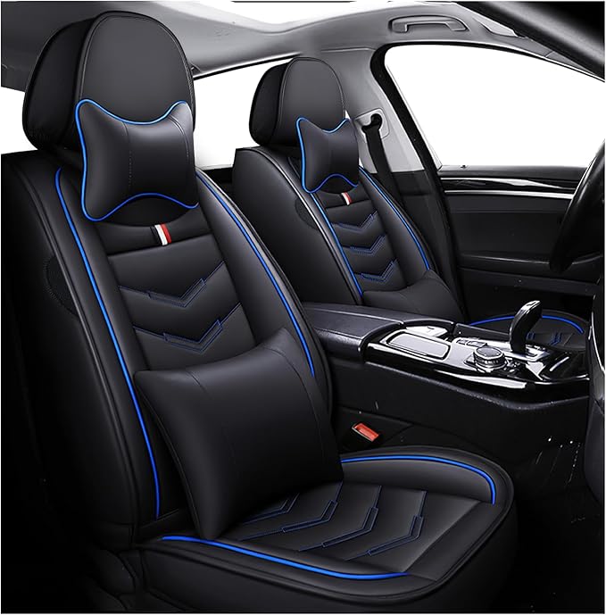 MVRVMV Seat Covers for Ford F-250 2010-2026, Waterproof Leather Auto Seat Cover with 2* Neck Pillow and 2* Lumbar Support (2 Seat Luxury,Black-Blue)
