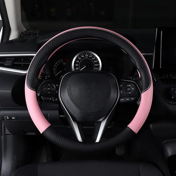 Auto Car Leather Steering Wheel Cover Anti Slip Wrap 15" (Pink)