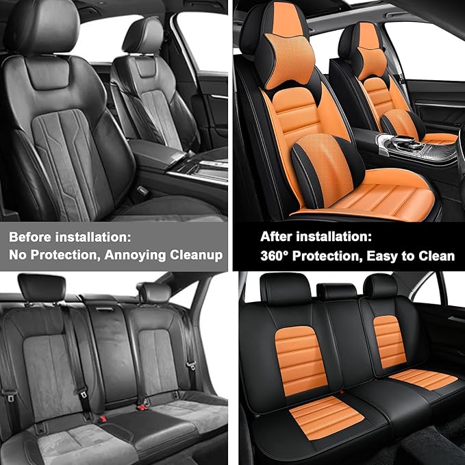 AREKA 5 Car Seat Covers for Honda Accord 2003-2026 Breathable Leather,Waterproof Car Seat Protectors with Comfort Headrest Pillows,Automotive Vehicle Cushion with Storage Pockets (Luxury,Orange)