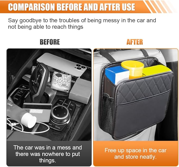 Foldable Car Seat Back Organizer, Large Capacity Hanging Car Backseat Storage Bag with Cup Holders, PU Leather Waterproof Car Trash Bag Can, Car Travel Accessories for Most Vehicles (2)