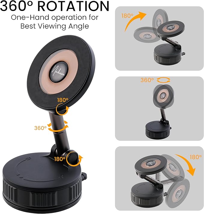 Vacuum Magnetic Phone Holder – 360-Degree Rotating Magnetic Suction Phone Mount for Car, Windshield, Gym, Outdoor – Strong Hold Cellphone Car Holder – Compatible with MagSafe