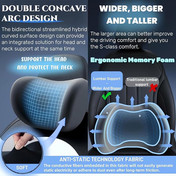 Car Headrest & Lumbar Support Cushion for Citroen DS3 C5 C3 C2 C4 C6, Ergonomic Automotive Seat Neck Pillow Lumbar Backrest Pad Neck Back Pain Relief Detachable Washable, Pink