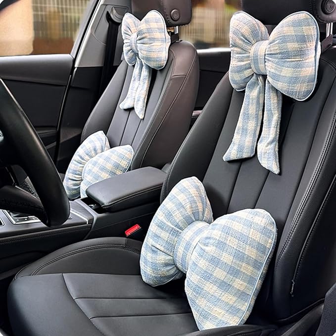 Car Accessories Plaid Bow Headrest Lumbar Pillow 4PCs Set Cotton Linen Elegant Soft Car Seat Cushions for Daily Commuting Trave (Blue Plaid,Lumbar Pillow 2pcs)