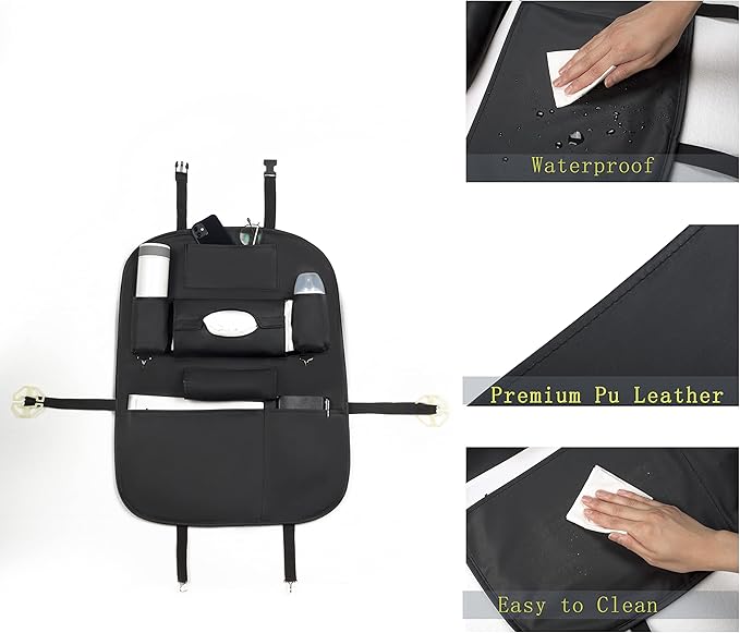 Backseat Car Organizer, Black Backseat Organizers PU Leather Storage Bag Holder Pocket Back Seat Protector Kick Mats Seat Back Organizer for Kids