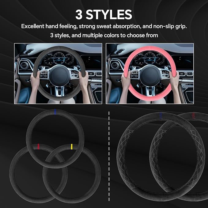 PAUUOOA Alcantara Sports Steering Wheel Cover 14.5" to 15" Fit - Anti-Slip Comfort Grip, Durable Soft Suede-Feel Luxury Material for Men Drivers | Fits Sports Cars, Luxury Cars, Sedans, SUVs and EV