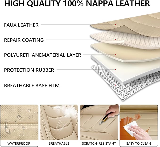 WENNFOUR Car Seat Covers Front Seats Only, Universal Luxury Automotive Car Seat Protector 2 Pack, Waterproof Breathable Leather Car Seat Cushion for Most Vehicles SUV Pick-up Truck, Beige