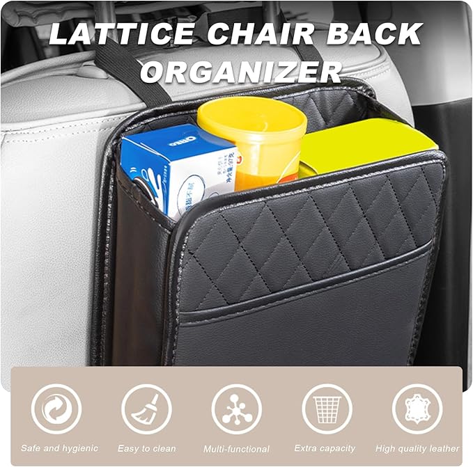 Car Seat Back Organizer, Large Capacity Foldable Car Seat Back Hanging Bag with 3 Extra Pockets, Waterproof Leather Auto Seats Storage Organizer, Car Travel Essentials Accessories (Black)