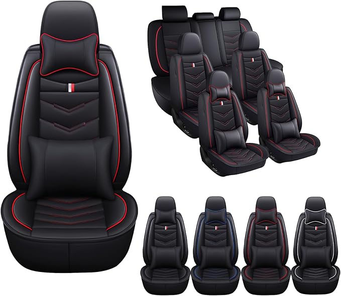MVRVMV Car Seat Covers for Ford Explorer 2012-2026, Waterproof & Wear-Resistant Front and Rear Seat Protectors with 2* Neck Pillow and 2* Lumbar Support (7 Seat Luxury, Black-Red