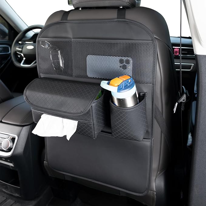 PU Leather Car Seat Back Organizer with Kick Mat Protectors, Tissue Holder, Water Bottle Holder, Phone Holder for Road Trips. Black (Black)