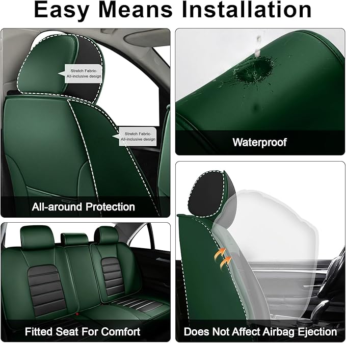 AREKA 2 Car Seat Covers for Honda Accord 2003-2026 Breathable Leather,Waterproof Car Seat Protectors with Comfort Headrest Pillows,Automotive Vehicle Cushion with Storage Pockets (Luxury,Green)