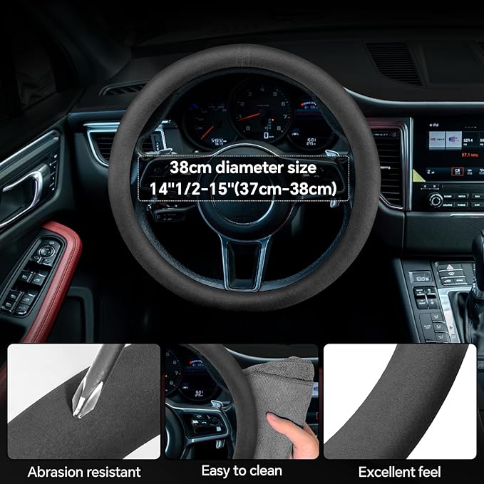 PAUUOOA Alcantara Sports Steering Wheel Cover 14.5" to 15" Fit - Anti-Slip Comfort Grip, Durable Soft Suede-Feel Luxury Material for Men Drivers | Fits Sports Cars, Luxury Cars, Sedans, SUVs and EV