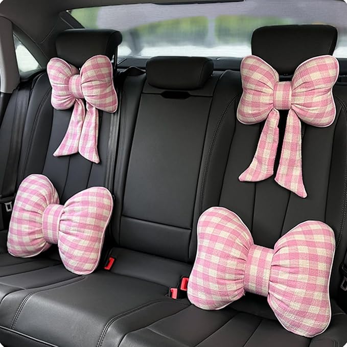 Car Accessories Plaid Bow Headrest Lumbar Pillow 4PCs Set Cotton Linen Elegant Soft Car Seat Cushions for Daily Commuting Trave (Pink Plaid,Headrest 2pcs)