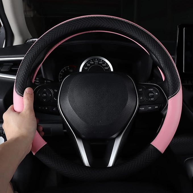 Auto Car Leather Steering Wheel Cover Anti Slip Wrap 15" (Pink)