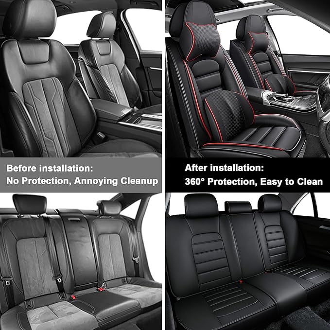 AREKA 5 Car Seat Covers for Honda Civic 2002-2026 Breathable Leather,Waterproof Car Seat Protectors with Comfort Headrest Pillows,Automotive Vehicle Cushion with Storage Pockets (Luxury,Redline)