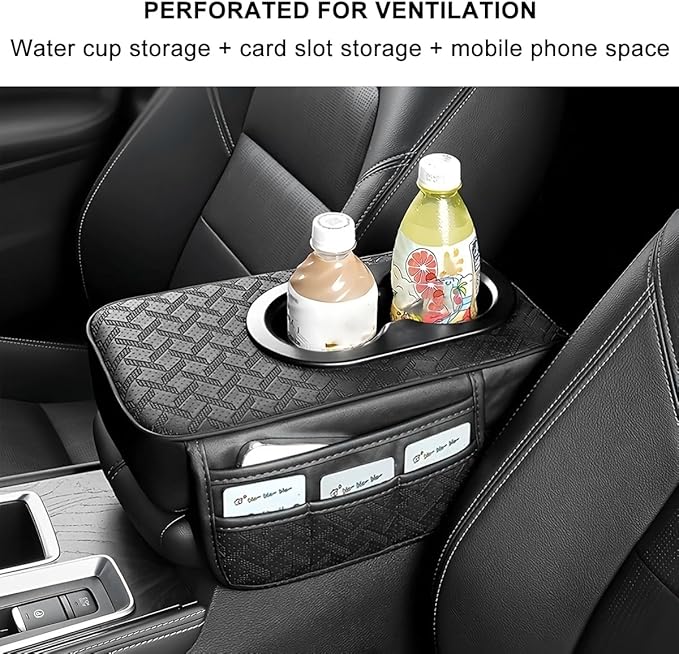 BESULEN Car Center Console Cover, Leather Thick Vehicle Armrest Protector Cushion with Cup Holder & 2 Storage Bags, Automotive Interior Arm Rest Seat Box Pad Accessories, Universal Fit (Black)