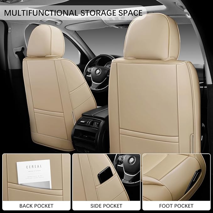 WENNFOUR Car Seat Covers Front Seats Only, Universal Luxury Automotive Car Seat Protector 2 Pack, Waterproof Breathable Leather Car Seat Cushion for Most Vehicles SUV Pick-up Truck, Beige