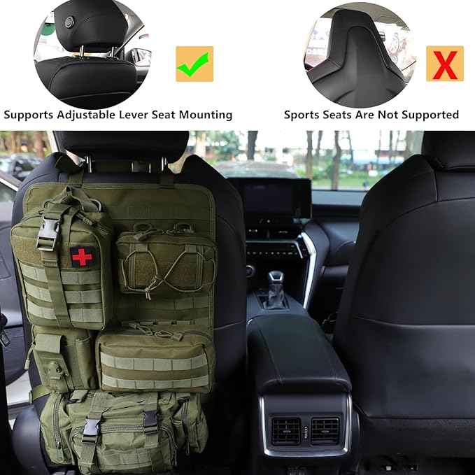 truck seat organizer and storage tactical car back seat back organizer with a Molle Vehicle Panel and 5 Different Size Molle Pouches for most models such as Jeep,SUV,Pickup(Army green)