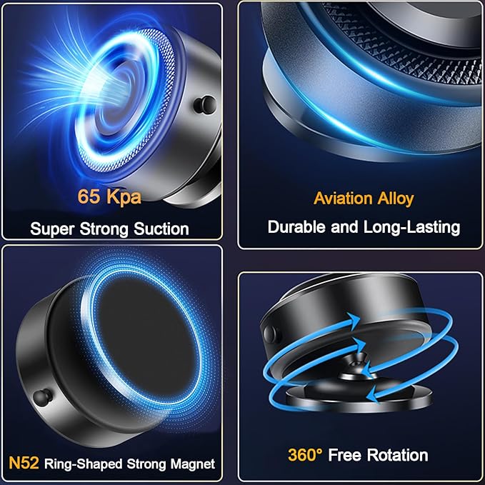 Vacuum Magnetic Phone Holder, 360 Rotatable Suction Cup Phone Mount with Electric Suction Cup Suitable for Car/Dashboard/Gym/Mirror/Bathroom/Smooth Surface, Compatible Magsafe iPhone & Android (Black)