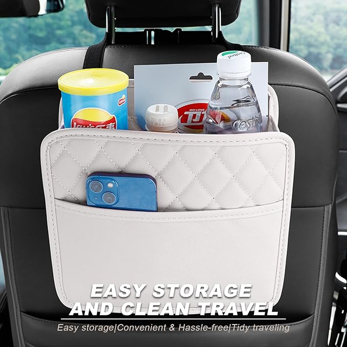 Car Seat Back Organizer, Large Capacity Foldable Car Seat Back Hanging Bag with 3 Extra Pockets, Waterproof Leather Auto Seats Storage Organizer, Car Travel Essentials Accessories (White)