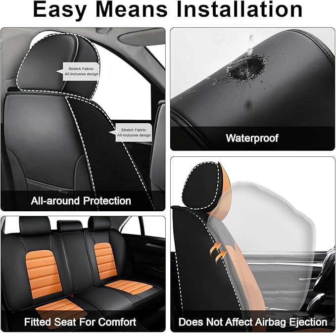 AREKA 5 Car Seat Covers for Honda Accord 2003-2026 Breathable Leather,Waterproof Car Seat Protectors with Comfort Headrest Pillows,Automotive Vehicle Cushion with Storage Pockets (Luxury,Orange)