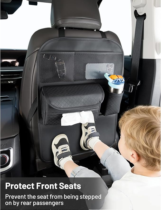 PU Leather Car Seat Back Organizer with Kick Mat Protectors, Tissue Holder, Water Bottle Holder, Phone Holder for Road Trips. Black (Black)