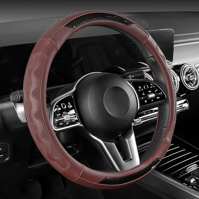 SEG Direct Car Steering Wheel Cover Medium Size 14 1/2"-15" Embossed Microfiber Leather with Carbon Fiber Pattern Burgundy