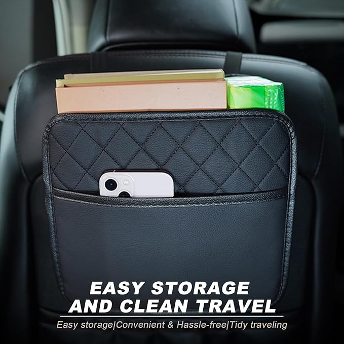 Car Seat Back Organizer, Large Capacity Foldable Car Seat Back Hanging Bag with 3 Extra Pockets, Waterproof Leather Auto Seats Storage Organizer, Car Travel Essentials Accessories (Black)