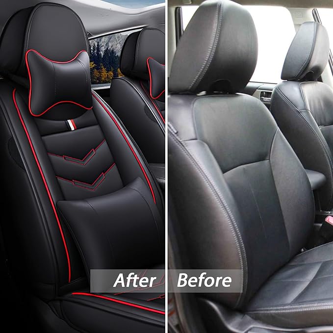 MVRVMV for Ford Explorer 2007-2026 Seat Covers, Waterproof Leather Seat Cover with 2* Neck Pillow and 2* Lumbar Support (2 Seat Luxury,Black-Red)