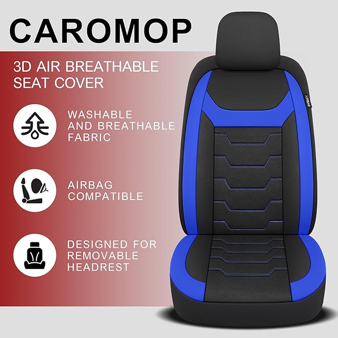 CAROMOP Breathable Car Seat Covers Full Seats,3D Air Mesh Cloth Seat Covers for Cars, Split Bench Compatible Car Interior Covers, Universal Fit Most Car Sedan Truck SUV(Black/Blue)