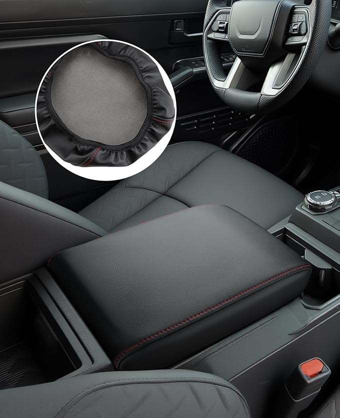 INTGET Center Console Cover for 2026 Toyota Tacoma Accessories 2024 2025 & 2025 2026 4Runner Accessories Leather Car Middle Armrest Arm Rest Box Lid Seat Protector Cushion(Red Stitches, 2024+)
