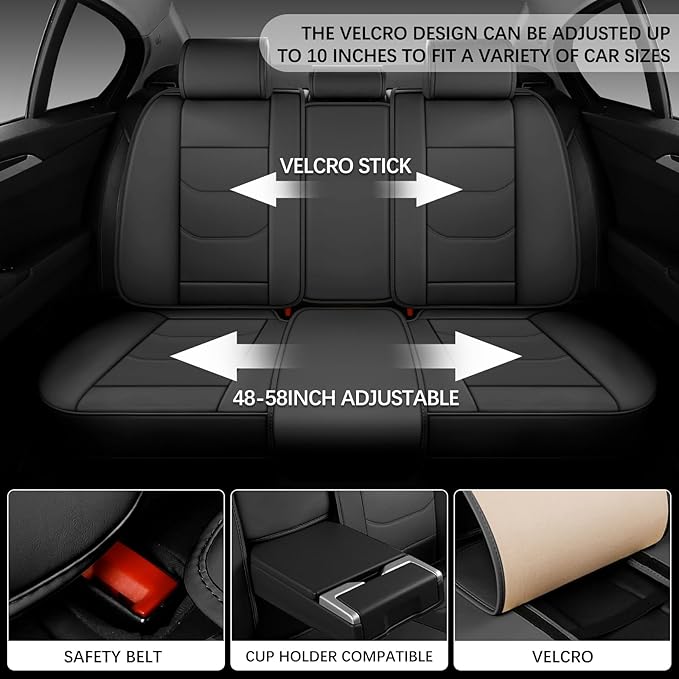 WENNFOUR Car Seat Covers Full Set, Universal Automotive Front and Rear Seat Protector Fit for Cars 5 Seats, Waterproof Breathable Leather Seat Cushion for Most Vehicles SUV Pick-up Truck, Black