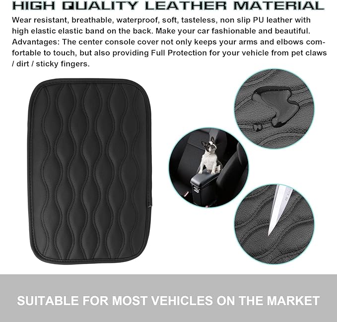 x xotic tech Center Console Cover Cushion Pad, Universal Waterproof Leather Armrest Seat Box Cover Protector Auto Interior Accessories for Most Cars, SUV, Truck 7.8" x 12" (Black)