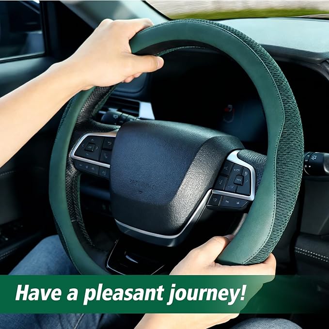 ZHOL Green Steering Wheel Cover,Soft Microfiber Leather,Non-Slip and Breathable Car Steering Wheel Cover for All Season,Universal Fit for 15 Inch