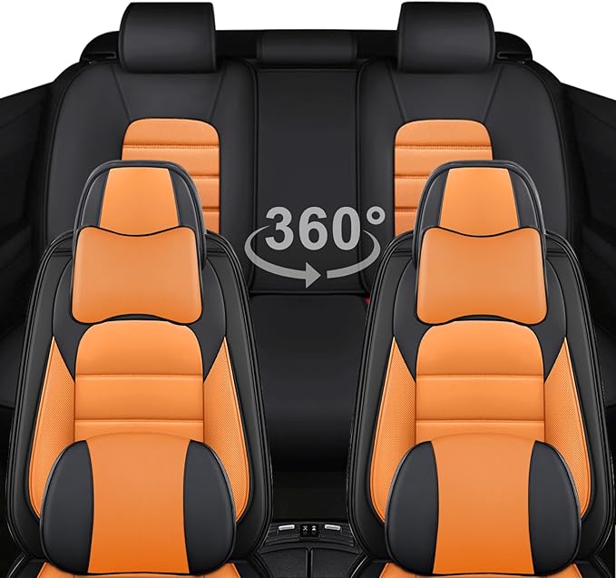 AREKA 5 Car Seat Covers for Honda Accord 2003-2026 Breathable Leather,Waterproof Car Seat Protectors with Comfort Headrest Pillows,Automotive Vehicle Cushion with Storage Pockets (Luxury,Orange)