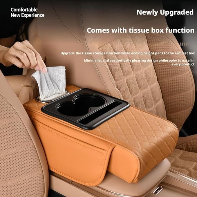 Multifunctional PU Leather Car Armrest Box Mat with Central Elbow,2026 New Universal Car Armrest Cover/Cushion/Organizer,5 in 1 Center Console Pad with Cup Holder,Fit for Most Cars, Suvs, Trucks